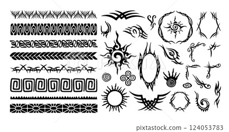 Tribal tattoo borders and frames. Polynesian abstract shapes, ethnic ornament pattern lines, sun and eye symbols and decorative corners. Streetwear sigilism vector set 124053783