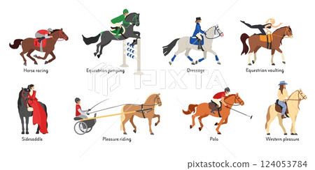 Cartoon equestrian disciplines. Horse racing sport, racehorse with jockey jumping, dressage and vaulting. Sidesaddle, pleasure riding and polo game. Horses with riders vector illustration set 124053784