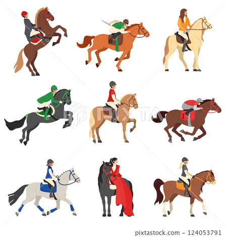 Cartoon horse riders. People riding horses, professional equestrian horsemen in jockey clothes and helmets galloping, jumping, dressage and racing vector illustration set 124053791