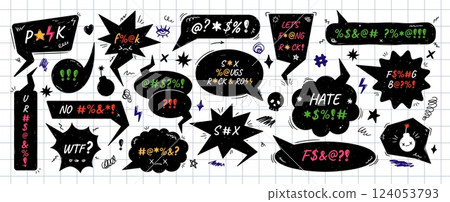 Punk rock speech bubble frames. Grawlix censored swearwords text balloons, hand drawn comic swear word bubbles with cartoon swearing effect, anger symbols and doodle squiggles. Vector elements set Punk rock speech bubble frames. Grawlix censored swearwords text balloons, hand drawn comic swear word bubbles with cartoon swearing effect, anger symbols and doodle squiggles. Vector elements set 124053793