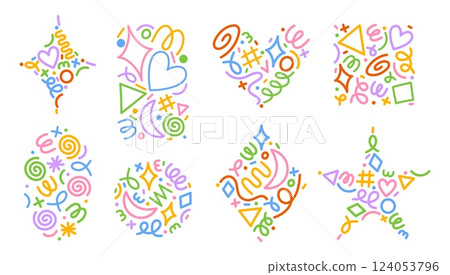 Colorful line doodle pattern shapes. Abstract geometric figures with hand drawn squiggles, swirls, linear symbols and wavy lines. Confetti design elements vector set Colorful line doodle pattern shapes. Abstract geometric figures with hand drawn squiggles, swirls, linear symbols and wavy lines. Confetti design elements vector set 124053796
