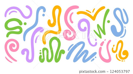 Abstract organic line shapes. Groovy fluid swirl doodles, funky curvy noodles, sauce strips and dynamic scribble lines. Hand drawn colorful squiggles design elements vector set Abstract organic line shapes. Groovy fluid swirl doodles, funky curvy noodles, sauce strips and dynamic scribble lines. Hand drawn colorful squiggles design elements vector set 124053797