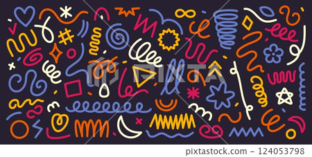 Abstract colorful line doodle shapes. Hand drawn scribbles, curvy and wavy lines, squiggles, swirls and spirals. Geometric strokes with rounded edges vector elements set Abstract colorful line doodle shapes. Hand drawn scribbles, curvy and wavy lines, squiggles, swirls and spirals. Geometric strokes with rounded edges vector elements set 124053798