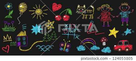 Kids crayon doodle drawings. Hand drawn flower, chalk textured sun, rainbow and cloud, scribble house sketch, pastel car and cat kids art. Chalkboard drawing vector set 124053805