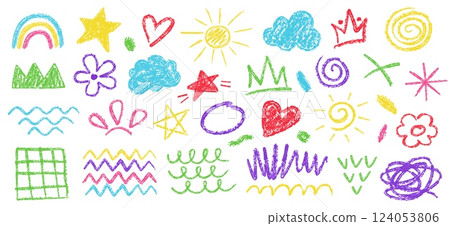 Kids crayon drawings. Hand drawn scrawls, chalk sun doodle, rainbow sketch, scribble star shape, scrawl heart and pastel cloud drawing. Simple child art vector set 124053806