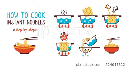 How to cook instant noodles. Dried noodle block manual with boiling water in pot, adding ramen and spices, cooking time guide. Step by step fast ramen hot meal instruction vector illustration 124053812