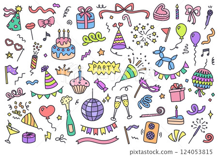 Hand drawn party decorations. Celebration doodles of party cap and blowouts, birthday cake, gift boxes, balloons, fireworks, ribbons and confetti isolated vector elements set 124053815