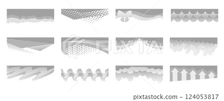 Halftone covers. Document header layered divider with abstract dotted pattern layers, page separators, footer and header backgrounds. Web dividers shape templates vector set 124053817