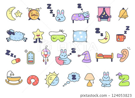 Sleep icons. Sleeping pillow, Zzz snoring moon, cute napping bunny in bed, rest mask, alarm clock and night window. Healthy sleep and insomnia colorful cartoon doodle vector illustration set 124053823