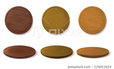 Wooden pizza boards. Round chopping board, pizza serving platter and empty circle wood tray 3D side and top views, kitchen tableware with realistic wooden texture, isolated vector mockup set 124053824