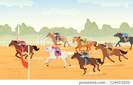 Horse race finish line. Equestrian sport competition winner crossing red ribbon, hippodrome championship and jockey tournament victory cartoon vector illustration 124053830