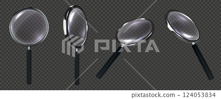 Realistic 3D magnifiers. Search magnifying glass with black handle, metallic frame and transparent glass lens. Research and magnification tool isolated vector set 124053834
