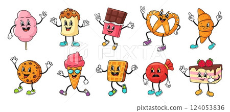 Cartoon dessert character. Retro mascots for cotton candy, sweet panettone, chocolate bar, funny pretzel and croissant. Happy cookie, ice cream, waffle and cake isolated vector set Cartoon dessert character. Retro mascots for cotton candy, sweet panettone, chocolate bar, funny pretzel and croissant. Happy cookie, ice cream, waffle and cake isolated vector set 124053836