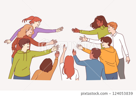 Multicultural people reach out to each other, demonstrating unity and readiness to create community Multicultural people reach out to each other, demonstrating unity and readiness to create community 124053839