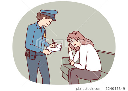 Woman police officer interrogates victim of robbery or attempted sexual assault to find perpetrator 124053849