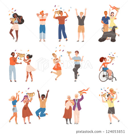 Happy People Winner Character with Cup and Prize Vector Set Happy People Winner Character with Cup and Prize Vector Set 124053851