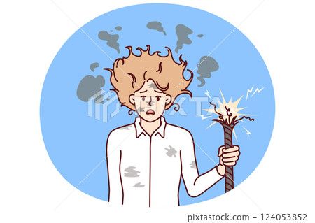 Business woman is electrocuted by broken wire, standing with shaggy hair and dirty face 124053852