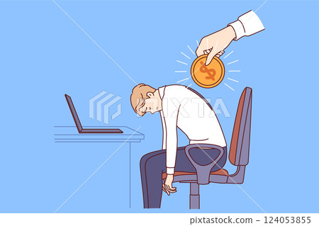 Financial motivation for tired office worker who fell asleep at workplace with computer 124053855