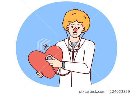 Doctor with clown haircut holds stethoscope and heart to congratulate children on red nose day Doctor with clown haircut holds stethoscope and heart to congratulate children on red nose day 124053859