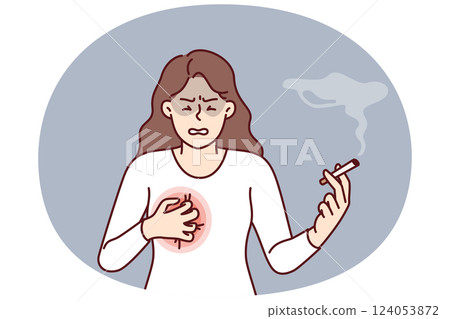Woman smokes with heart condition needs give up cigarettes and tobacco to avoid dying from cancer 124053872