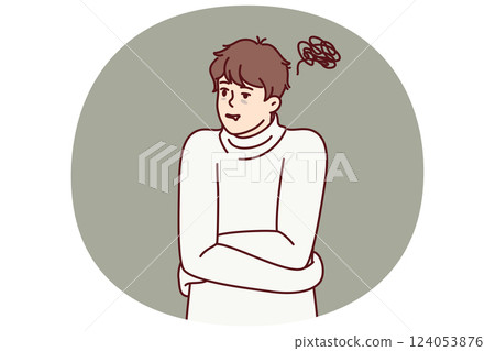 Man standing in straitjacket suffers from mental illness related to problems in past 124053876