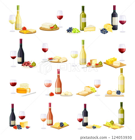 Wine Bottle with Cheese and Berry Vector Set Wine Bottle with Cheese and Berry Vector Set 124053930