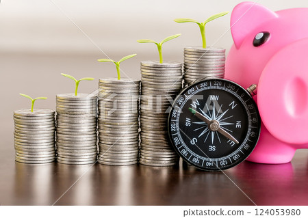 Navigating Financial Growth: Pink Piggy Bank and Compass with Growing Coins 124053980