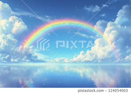 海面上倒映著彩虹、藍天和白雲。夏季自然風景圖片 124054003