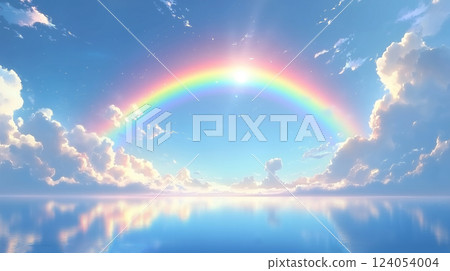 Blue sky, ocean, water surface, rainbow, clouds 124054004