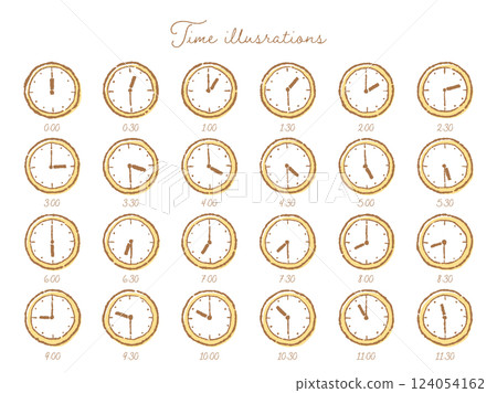 用粗筆（黃色）繪製的間隔半小時的時鐘向量插圖集 124054162