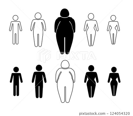 A man or woman diets and exercises from fat to fitness series frontal view. Figure and size person, body index mass. Vector A man or woman diets and exercises from fat to fitness series frontal view. Figure and size person, body index mass. Vector 124054320