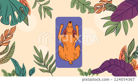 Dog relaxation nature theme orange canine lying on back on purple mat surrounded by tropical leaves beige background playful design website banner 124054367