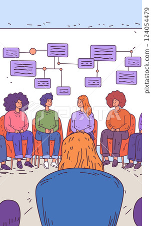 Group discussion concept people sitting in chairs forming a circle with flowchart background diverse individuals casual setting teamwork collaboration Group discussion concept people sitting in chairs forming a circle with flowchart background diverse individuals casual setting teamwork collaboration 124054479