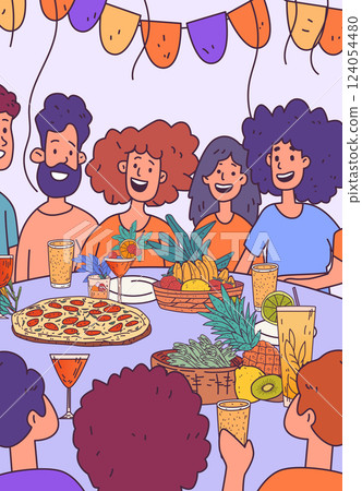 People gathering celebration cheerful friends enjoying food drinks pizza fruit table festive colorful banner party atmosphere People gathering celebration cheerful friends enjoying food drinks pizza fruit table festive colorful banner party atmosphere 124054480