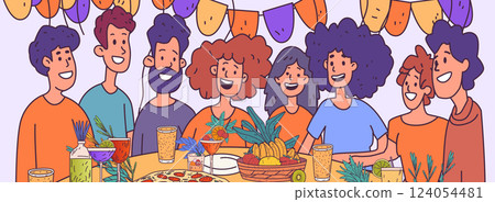 People celebrating together party scene festive atmosphere colorful banners food drinks diverse group cheerful gathering vibrant colors social event People celebrating together party scene festive atmosphere colorful banners food drinks diverse group cheerful gathering vibrant colors social event 124054481