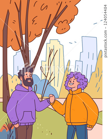 Two people shaking hands in a park scene with autumn trees and city skyline. Bright colors and cartoon style. Suitable for website design or banner Two people shaking hands in a park scene with autumn trees and city skyline. Bright colors and cartoon style. Suitable for website design or banner 124054484