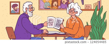 Elderly couple sharing memories family photos cozy home setting warm colors indoor plant wall art framed pictures togetherness theme 124054485