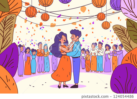 Dancing couple celebration joyful gathering colorful crowd festive atmosphere lanterns leaves decorative design template 124054486