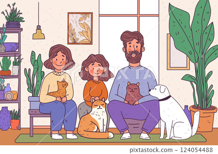 Family with pets cozy home scene illustration. Happy family sitting with cats and dog in a warm living room surrounded by plants and decor. Perfect for website design 124054488
