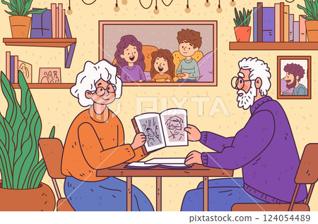 Elderly couple reminiscing family memories cozy room. Warm scene with grandparents looking at photos surrounded by books plants and family portraits. Home decor 124054489