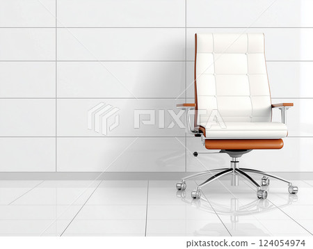 modern luxury office chair with white leather upholstery, wooden armrests, and a chrome base on casters. The minimalist workspace features a clean white tiled wall and glossy flooring. modern luxury office chair with white leather upholstery, wooden armrests, and a chrome base on casters. The minimalist workspace features a clean white tiled wall and glossy flooring. 124054974