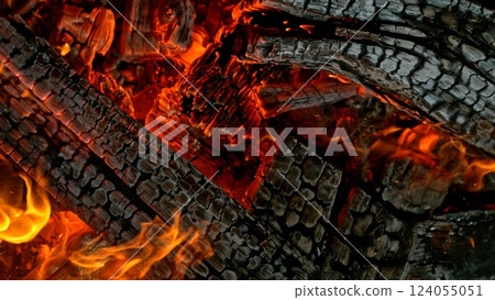Close-up of Hot Embers with Flying Sparks . Concept of heating grills or ovens Close-up of Hot Embers with Flying Sparks . Concept of heating grills or ovens 124055051