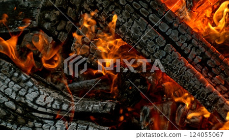 Close-up of Hot Embers with Flying Sparks . Concept of heating grills or ovens 124055067