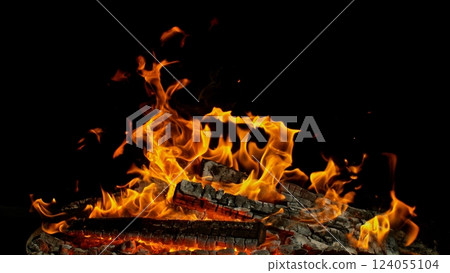Freeze motion of campfire flames isolated on black background 124055104