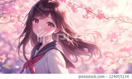 櫻花樹下飄逸長髮的美麗動漫風格日本女孩 124055134