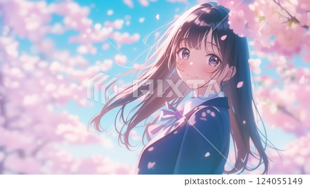 櫻花樹下飄逸長髮的美麗動漫風格日本女孩 124055149