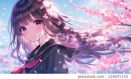 櫻花樹下飄逸長髮的美麗動漫風格日本女孩 櫻花樹下飄逸長髮的美麗動漫風格日本女孩 124055150