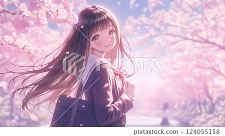 櫻花樹下飄逸長髮的美麗動漫風格日本女孩 124055158