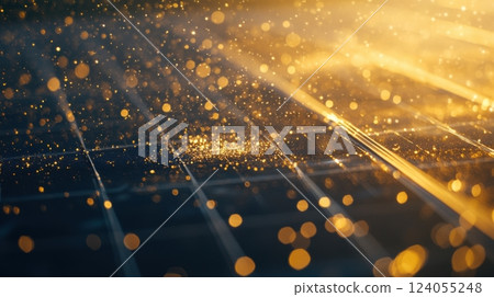 Abstract view of dirt buildup on solar panel, soft sunlight reflections and fine details. Dusty solar panels 124055248