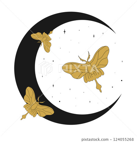 Golden butterflies flying on a crescent moon background. Celestial emblem with butterflies, crescent and stars. Vector illustration 124055268